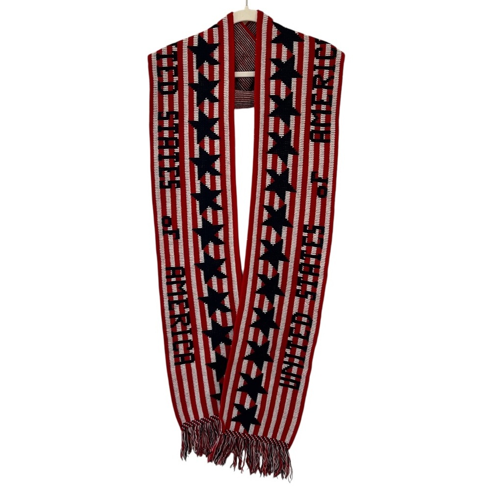 Vintage 90s Knitmakers USA Patriotic Stars & Stripes Red White Blue Scarf OS - Picture 2 of 8